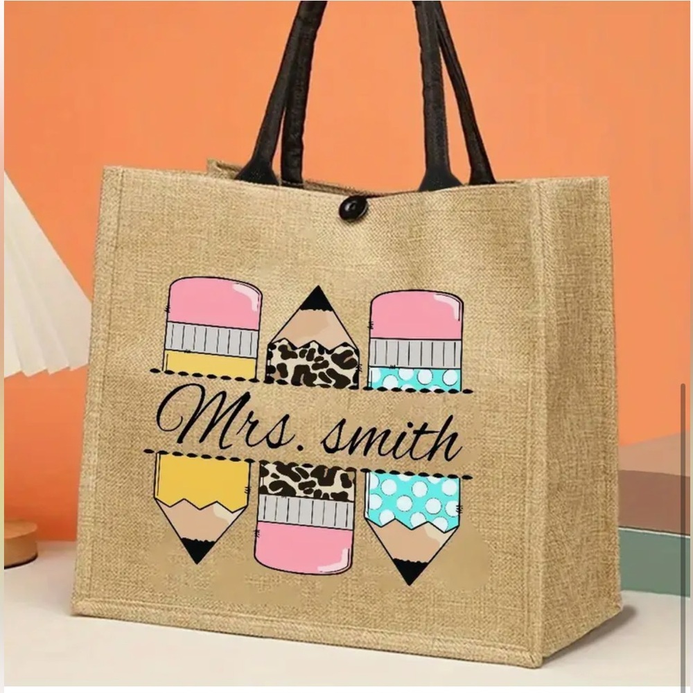 Personalized Jute Tote Bag with Pencil Design